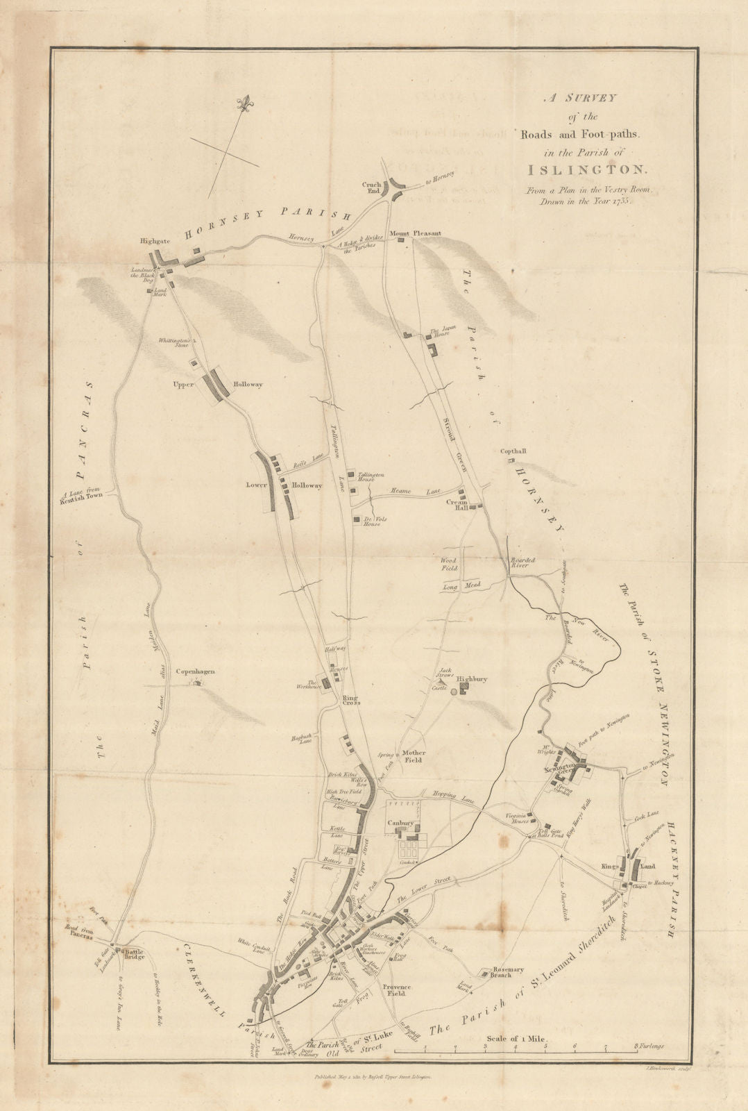 ISLINGTON PARISH 1735 Holloway Highgate Crouch End. Scarce HAWKSWORTH 1811 map